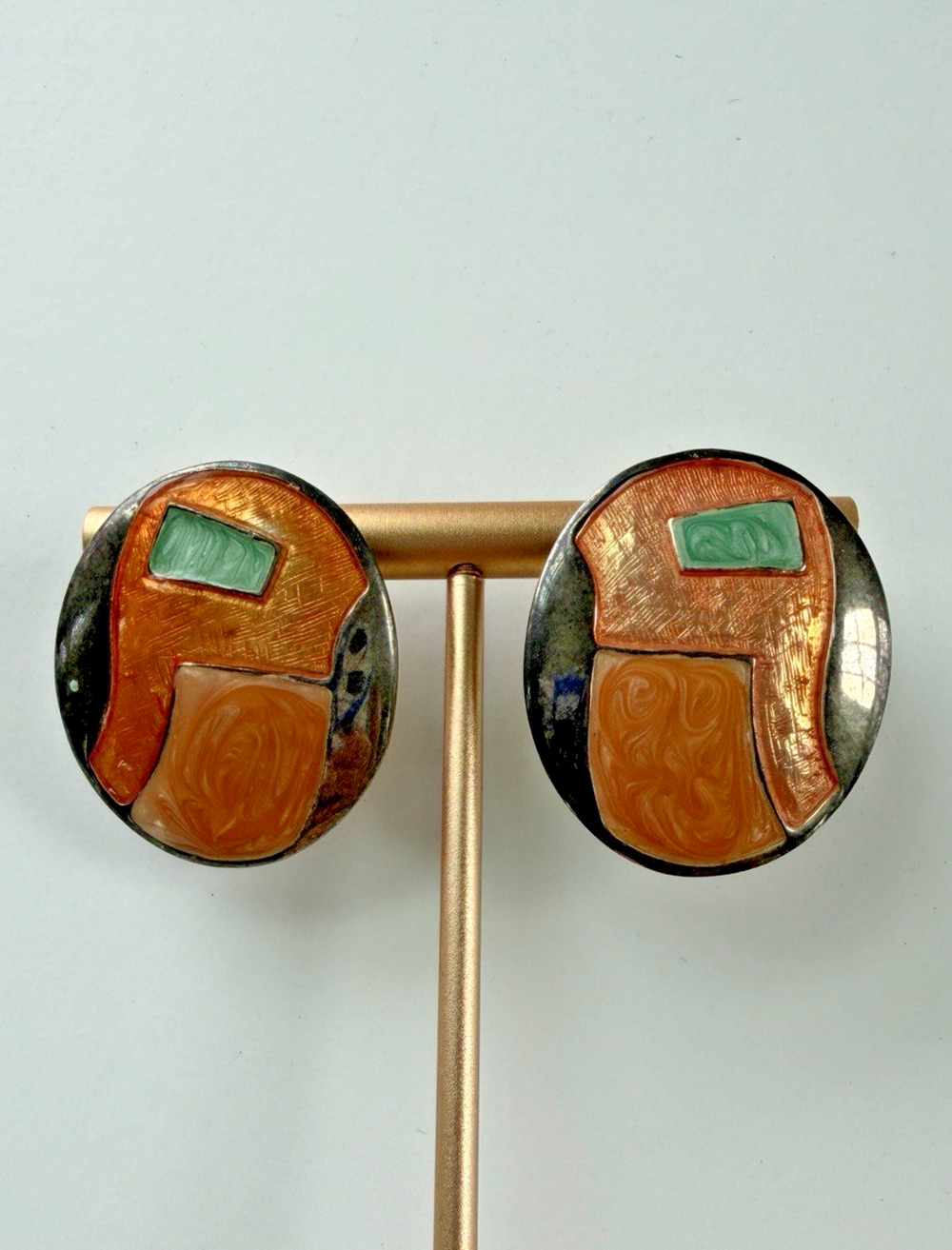 Large Oval Round Enamel Abstract Earrings Pierced 80s Statement Boho Bohemian